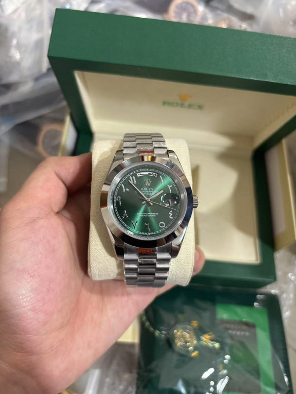 Rolex Day-Date Olive Green Arabic Dial Platinum Bracelet/Case/Smooth Bezel 40mm Watch