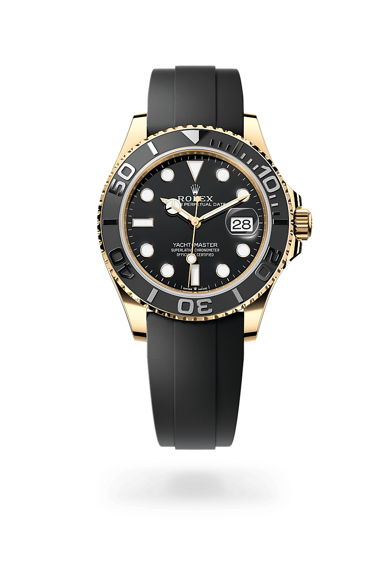 Rolex Yacht-Master 42 in 18 ct yellow gold featuring a black Cerachrom bezel and an Oysterflex bracelet.Watch