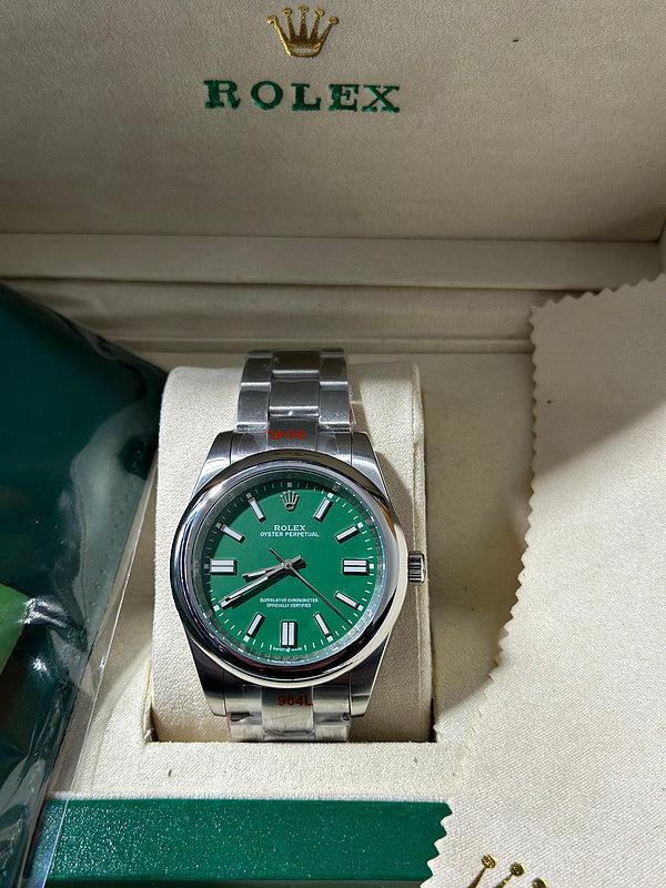 Rolex Oyster Perpetual Steel Watch With Green Dial