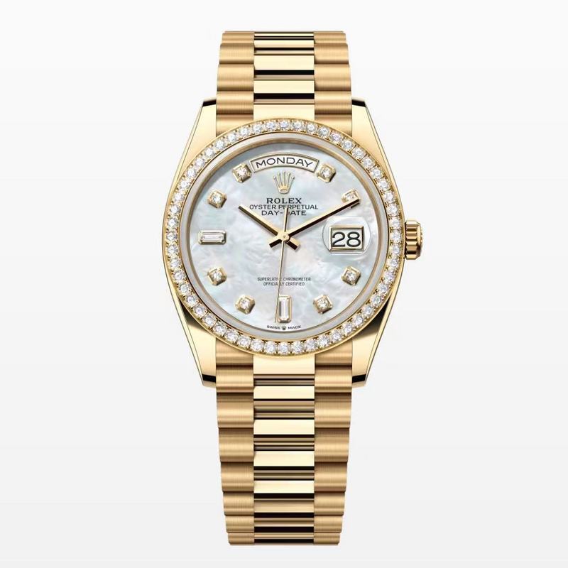 Rolex Day Date Yellow Gold Factory Diamond Bezel & Sapphire Pearl Diamond Dial Watch