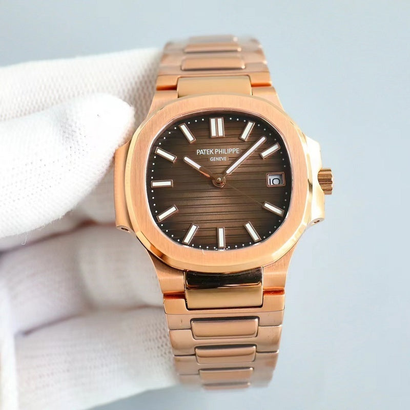 Patek Philippe Nautilus Rose Gold Bracelet & Brown Sunburst Dial Watch