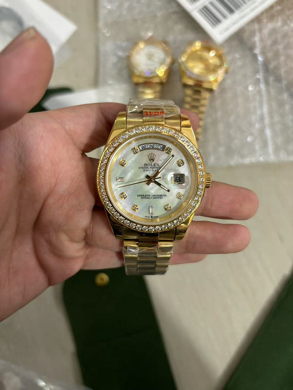 Rolex Day Date Yellow Gold Factory Diamond Bezel & Sapphire Pearl Diamond Dial Watch