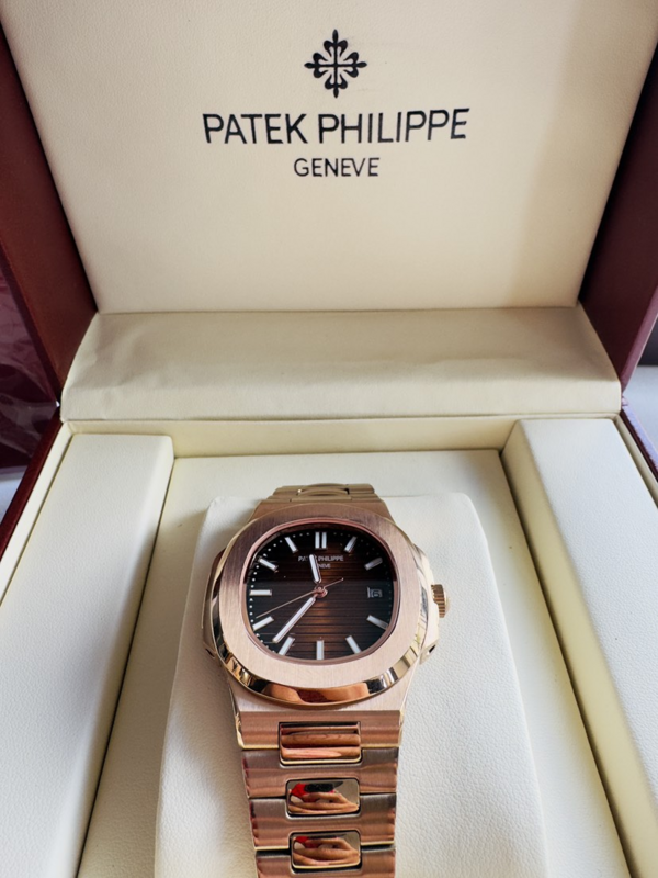 Patek Philippe Nautilus Rose Gold Bracelet & Brown Sunburst Dial Watch