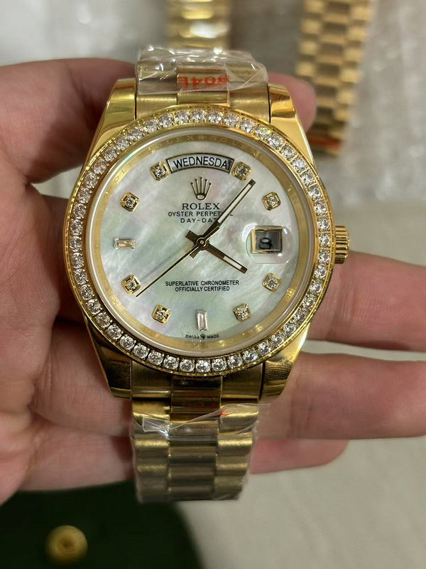 Rolex Day Date Yellow Gold Factory Diamond Bezel & Sapphire Pearl Diamond Dial Watch