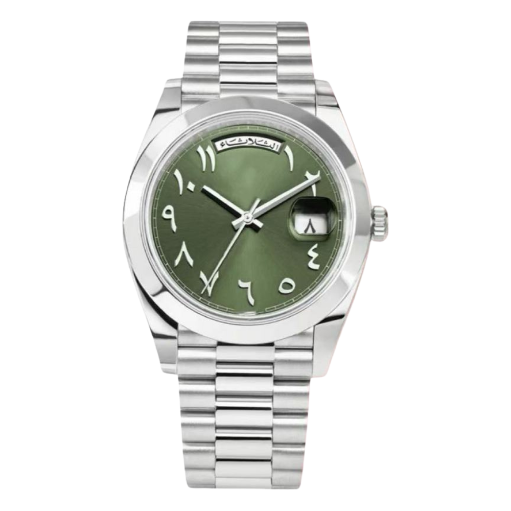 Rolex Day-Date Olive Green Arabic Dial Platinum Bracelet/Case/Smooth Bezel 40mm Watch
