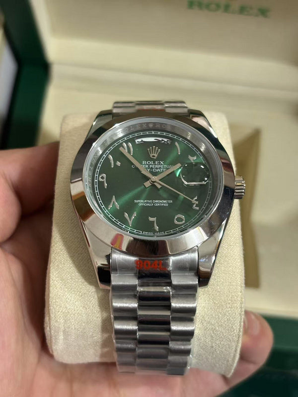 Rolex Day-Date Olive Green Arabic Dial Platinum Bracelet/Case/Smooth Bezel 40mm Watch