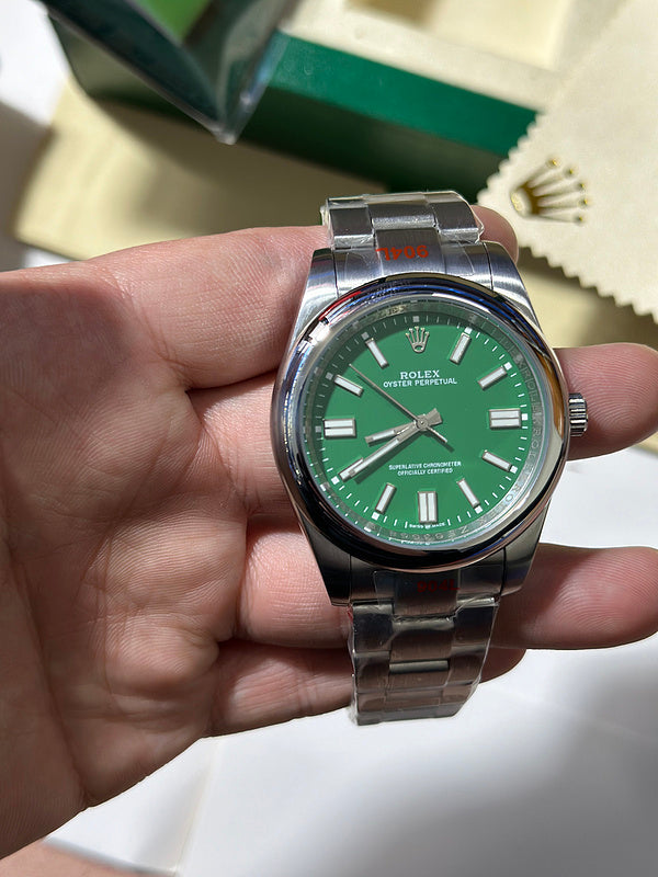 Rolex Oyster Perpetual Steel Watch With Green Dial