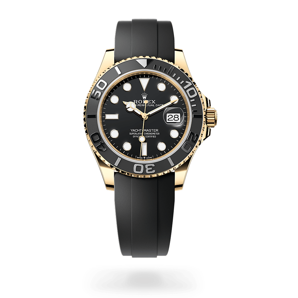 Rolex Yacht-Master 42 in 18 ct yellow gold featuring a black Cerachrom bezel and an Oysterflex bracelet.Watch